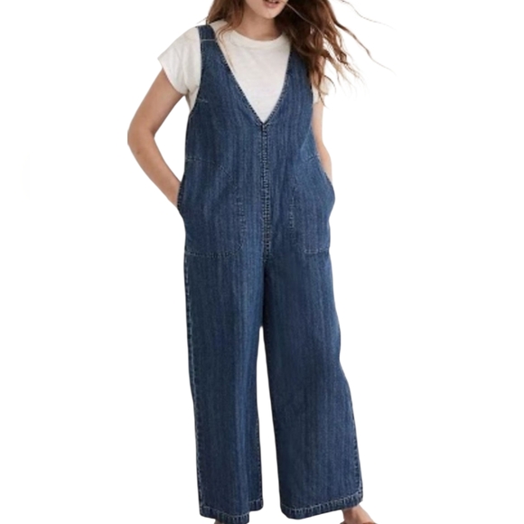 Madewell Pants - Madewell XS Denim Striped V-neckline Slip-in Jumpsuit Pockets Wide Leg Casual